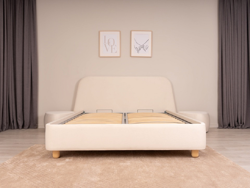 Кровать Sten Berg 160x190 Ткань/Массив (береза) Тетра Молочный/Масло-воск Natura - Симметричная мягкая кровать.